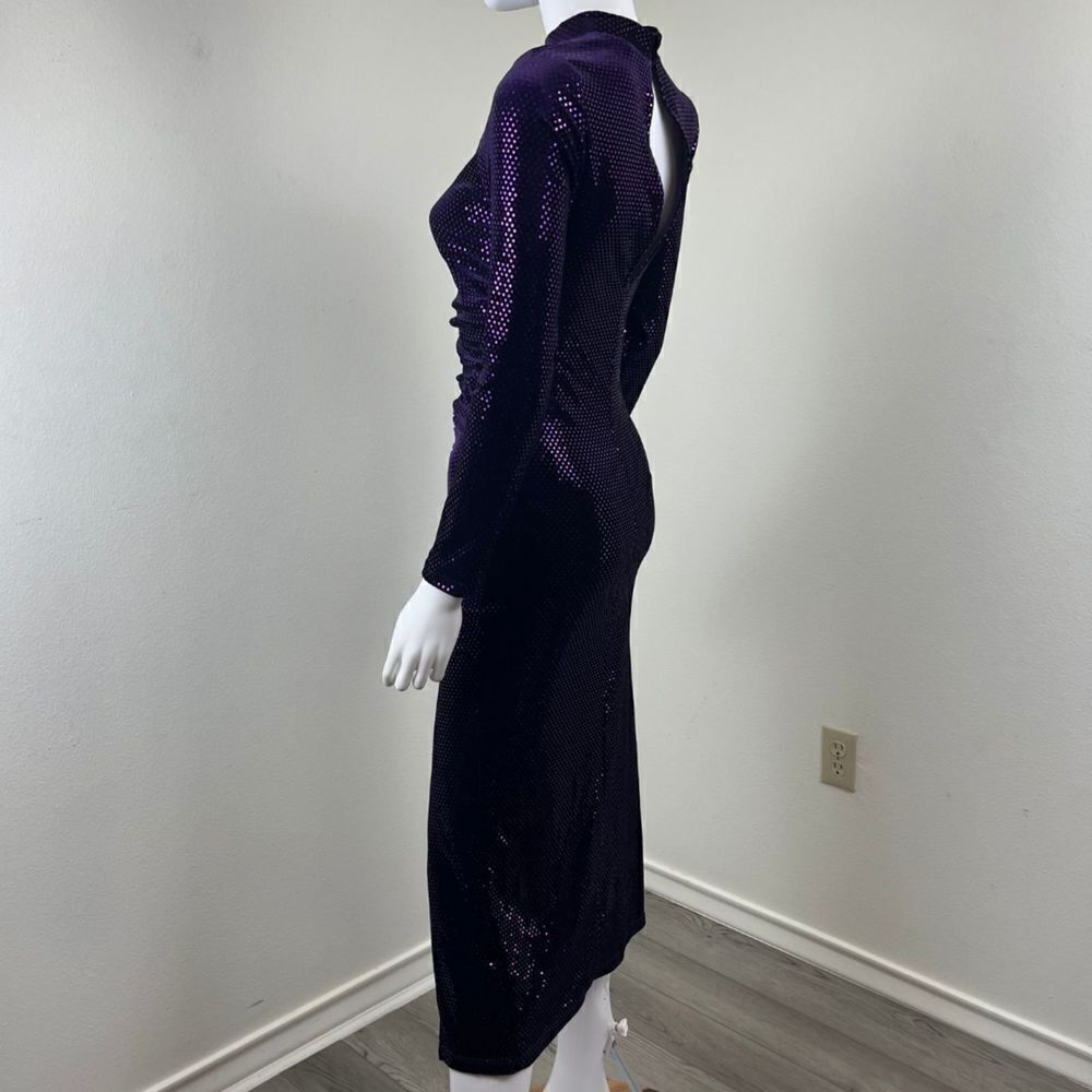 Zara Women Size XS Purple Sequins Velvet Ruched Midi Dress Long Sleeve Mock Neck - Picture 8 of 15